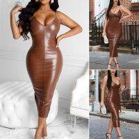 E2WomenS Sexy V-Neck Exposed Backpack Hip Split Strap Leather Skirt Mid-Length Dress Brown