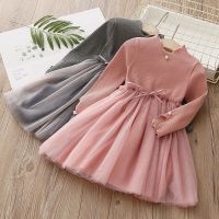 Dress for Girl Cotton Long Sleeve 2023 Autumn Mesh Children Clothing Casual Korean Style Lovely Solid Color Knee-Length Kids A-line Dresses