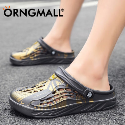 ORNGMALL รองเท้าแตะรัดส้นชายสำหรับผู้ชายรองเท้าแตะลำลองแห้งเร็วรูรองเท้าแตะใส่เดินในบ้านอุดตัน Sepatu Kebun รองเท้าแตะชายหาดคู่38-49