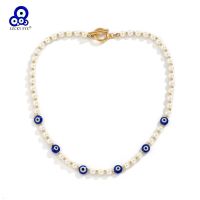 Lucky Eye Fake Pearl Beaded Choker Necklace Blue Turkish Evil Eye Bead Necklace for Women Girls Men Vintage Jewelry LE1010