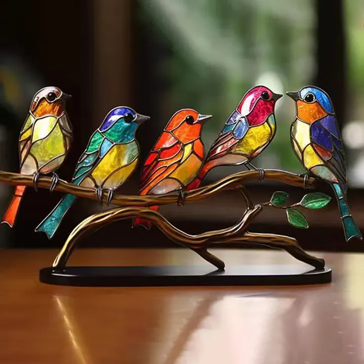 zhongloul-นกสีบนกิ่งไม้เครื่องประดับแบบตั้งโต๊ะชุดนกสีสันสดใสสองด้านงานฝีมือศิลปะเหล็กสำหรับตกแต่งบ้าน