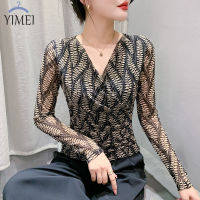 YIMEI เสื้อตาข่ายคอวีเซ็กซี่สำหรับผู้หญิงใส่แขนยาวได้ทุก2023ฤดูใบไม้ร่วงหรูหราและทันสมัย