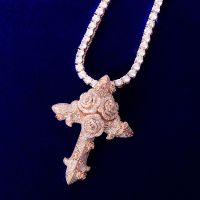 Cross Flower Necklaces &amp; Pendant Gold Color Plated Bling Cubic Zircon Mens Hip Hop Jewelry