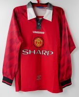 A18 MAN UTD HOME 1996-1998 RETRO LONG SLEEVED FOOTBALL SHIRT SOCCER JERSEY เสื้อบอล เสื้อฟุตบอล เรโทร ย้อนยุค แมนยู หมากรุก cantona beckham giggs keane