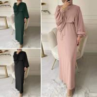 2023 Muslim Southeast Asian Fashion Lantern Sleeve Waist Wrapper Crewneck Long Sleeve Womens Dress