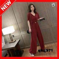 qkq971 Du Yan Short-Sleeved Sports Suit WomenS 2022 New Temperament V-Neck Fashion Thin Wide-Leg Pants Casual Wear Two-Piece Suit