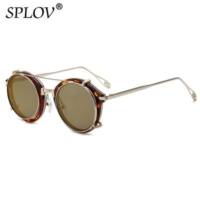 Retro Steampunk Round Clip On Sunglasses Men Women Double Layer Removable Lens Detachable Shades Clear Lens Hollow Legs Glasses