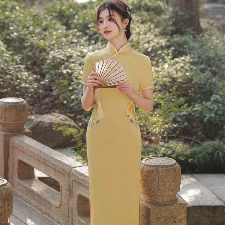 2022เลียนแบบกรดอะซิติกสุภาพสตรี-cheongsam-หนุ่มสไตล์ปรับปรุงย้อนยุคเย็บปักถักร้อยที่เรียบง่ายและสง่างามระดับไฮเอนด์นางฟ้ากระโปรงสาธารณรัฐสไตล์จีน