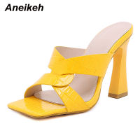 Aneikeh Fashion Solid PU Turned-over Edge Square Open Toe Slip-On Thin High Heel Women Mules Concise Leisure Summer Sandals New