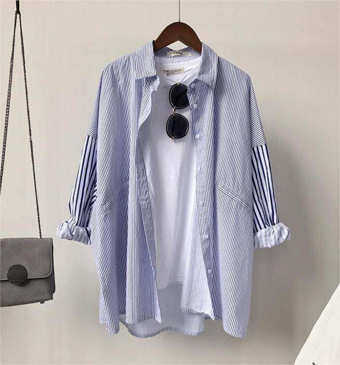 พร้อมส่ง-เสื้อเชิ้ตแขนยาวลายทาง-โอเวอร์ไซส์-คอปก-เสื้อเชิ้ตผู้หญิง-คลุมกันแดด-เชิ้ตยาวเกาหลี