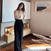 COD DSFERTGERRYYY French Hepburn Style Elegant Black and White Contrast Color Halter Jumpsuit Wide Leg Pants Trousers