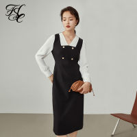 FANSILANEN Womens Winter Fake Two Piece Stitching V-neck Black Dress All-match Simple Long Dress Women Patchwork Dresses