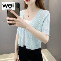 WEISHIBLUE ฤดูร้อนคอวีแขนสั้นเสื้อกันหนาวท็อปส์หญิงลดอายุผู้หญิง Cardigans คาร์ดิแกนครีมกันแดดเอวสูง