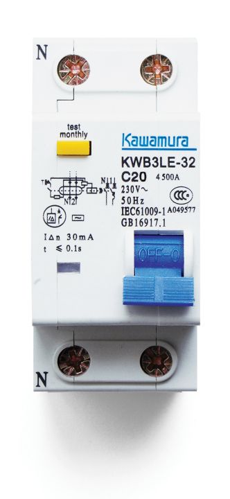 อุปกรณ์ป้องกันไฟรั่ว-แบบมีเบรกเกอร์ในตัว-rcbo-kawamura-ขนาด-2-pole-4-5ka-30ma-kwb3le-32