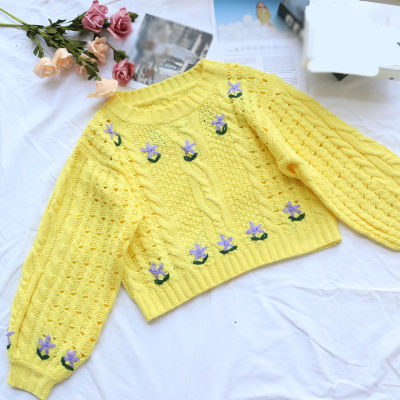 Womens Knitted Crochet Cropped Sweater Pullovers 2021 Autumn Lantern Sleeve Hollow Out Sweaters Female Fashion Sweet Office Top