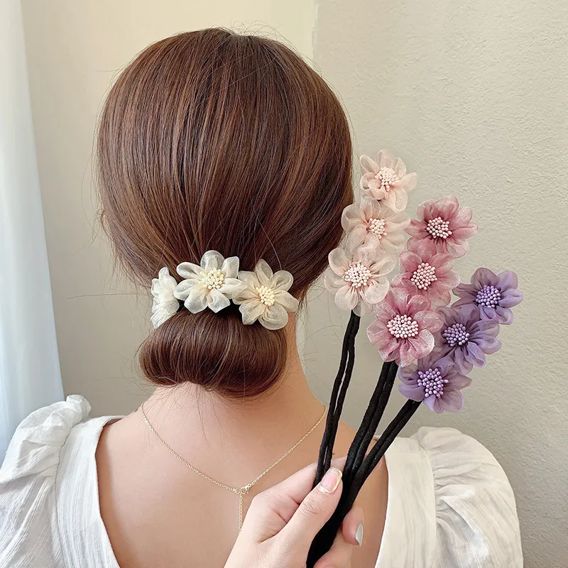 New Women Elegant Bud Chiffon Flowers Bun Maruko Hairstyles Making Long  Tools Sweet Headband Hairbands Fashion Hair Accessories | Lazada