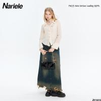 Nariele สลิมสไตล์น้องสาวสั้นฤดูใบไม้ผลิและฤดูใบไม้ร่วง V ปก หญิง N3391 เสื้อเสื้อคาร์ดิแกนแขนยาวสไตล์ตะวันตกเสื้อเชิ้ตแบบบาง