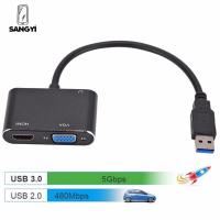 SANGYI ตัวแปลง USB หน้าจออเนกประสงค์เป็น VGA USB 3.0ไม่มีคนขับ4K VGA หัวแปลงสัญญาณ HDMI USB 3.0เป็น HDMI + VGA USB USB 3.0เป็นหัวแปลงสัญญาณ HDMI แปลง USB เป็น HDMI