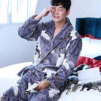 Nightgown Casual Loose Kimono Bathrobe Chinese Men Casual Flannel Dragon Crane Robe Plus Size 3XL Winter Thick Warm Sleepwear