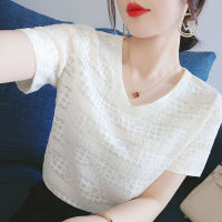 Elegant Lace Patchwork Solid Chiffon Shirts Summer 2022 Office Lady V-Neck Short Sleeve Loose Pullovers Blouse Womens Clothing