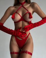 Yimunancy Tassel Lingerie Set Women Halter Sexy Erotic Set Red/Black Back Open Brief Kit