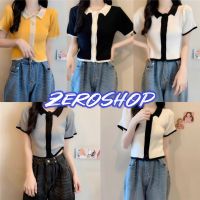 Zero shop?พร้อมส่ง? (Zero-9489New) เสื้อไหมพรมคอปก แขนสั้น กระดุมด้านหน้า