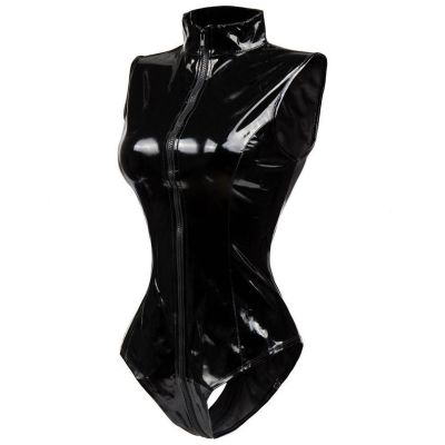 Double Zipper Sexy Open Crotch Leather Jumpsuit For Women Erotic Below Crotchless Bodysuit Glossy Shaping Latex Lingerie Set