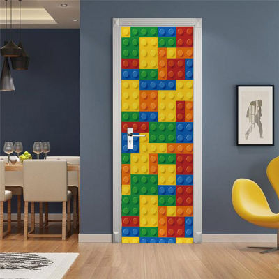 Colorful Children Building Blocks Geometric Door Stickers Home Decor Self Adhesive Wallpaper Kids Room Bedroom Door Mural Decal