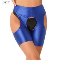 ผู้หญิง Glossy เปิด Crotch กางเกงขาสั้น Hollow Out ยืดเอวยางยืด Leggings สั้นกางเกง Slim Fit Crotchless กางเกง Underwear