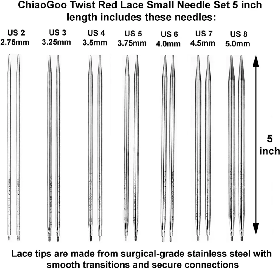 ChiaoGoo Knitting Needles Interchangeable Twist Red Lace Complete 4-Inch  Needle Set Bundle with 1 Artsiga Crafts Project Bag