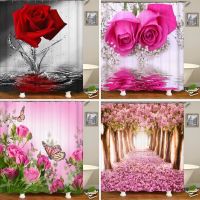 Red Rose Butterfly Flowers Shower Curtain 3D Bathroom Curtain Fabric Waterproof Polyester Washable Bath Screen Curtain