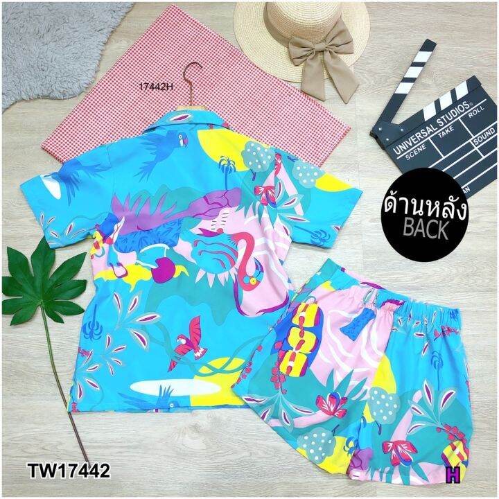 tw17442-set-2-ชิ้น-เสื้อเชิ้ตแขนสั้นพิมลาย-กางเกงขาสั้น