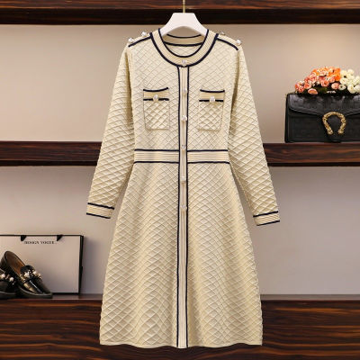High Quality Spring Fall Korean Fashion Knitted Sweater Dress Women Slim Button Bright Shinny Vintage Party Christmas Dress Robe