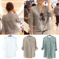 AMPH Women Linen Button Down cotton Solid Long Sleeve Blouse