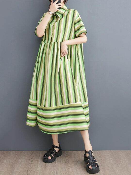 xitao-dress-fashion-goddess-fan-casual-loose-striped-shirt-dress