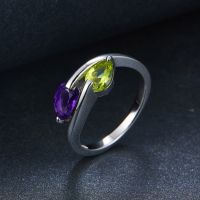 [COD]Peridot Peridot Amethyst Solid 925 Sterling Silver Bypass แหวนพลอยธรรมชาติแฟชั่น Fine Handmade Lady