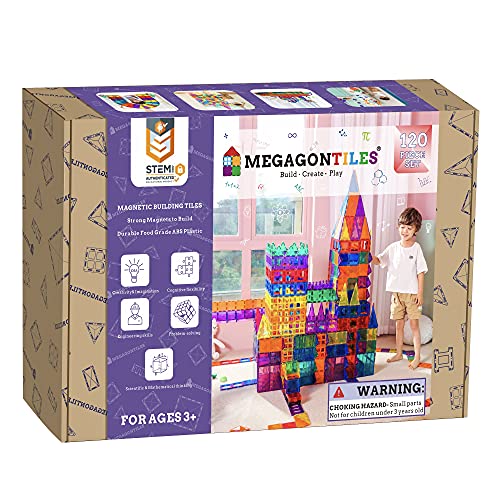 MegagonTiles 120PCS Premium Magnetic Tiles Magnetic Toys STEM AUTHENTICATED Clear Magnetic Blocks Magnetic Building Blocks|Gift for Toddler Boys Girls 3-10 Year Old |Idea Books & Storage Bag 