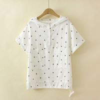 【มีไซส์ใหญ่】Plus Size Womens Short Sleeve Hooded Summer Tops Fashion Polka Dot Printed Female Shirts High Street Full Cotton Top