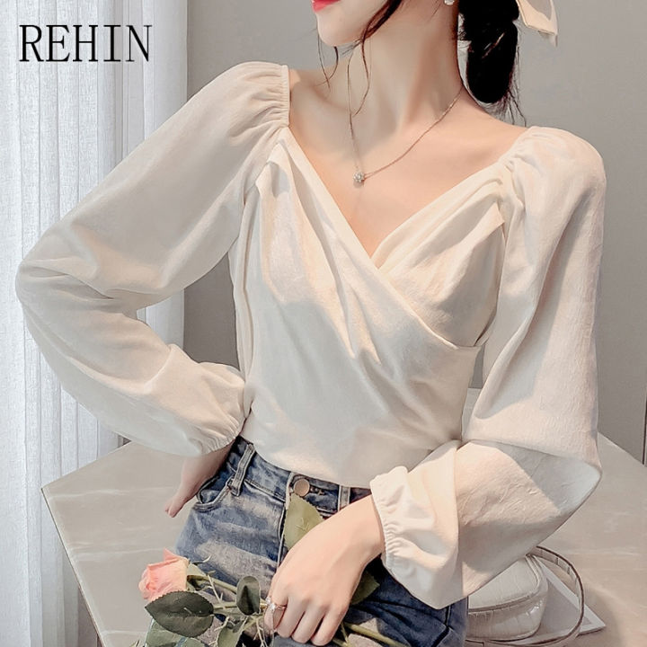 rehin-เสื้อแขนยาวคอวีแฟชั่นใหม่สำหรับผู้หญิง-เสื้อครอสโอเวอร์ทรงสั้นเข้ารูปดีไซน์หรูหราฤดูร้อน