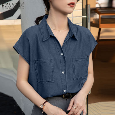 (สินค้ามาใหม่)(จัดส่งฟรี)Fancystyle ZANZEA สไตล์เกาหลีของผู้หญิงแฟชั่นเสื้อเชิ้ตผ้าเดนิมวันหยุดหลวมเปิดลง-ปกเสื้อ #10