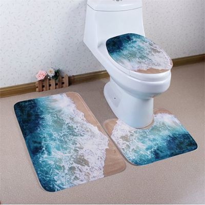 【jw】✁  Banheiro antiderrapante azul oceano estilo pedestal tapete   tampa toalete de banho