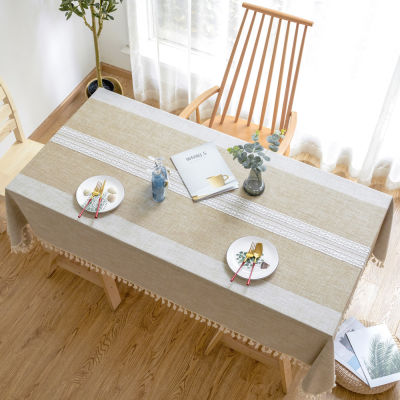 Linen Cotton Rectangular Tablecloth Nordic Brown Woven Striped Waterproof Dining Table Cloth Home Garden Lace Pendant Table Cove