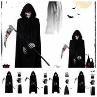 TANFU สีดำสีดำ เครื่องแต่งกายฮัลโลวีน Grim Reaper กับถุงมือ กันลื่น ชุดเสื้อคลุมเสื้อคลุม อุปกรณ์เสริมงานปาร์ตี้ อเนกประสงค์อเนกประสงค์ ชุดเครื่องเก็บเกี่ยวผี เด็กผู้ใหญ่และเด็ก