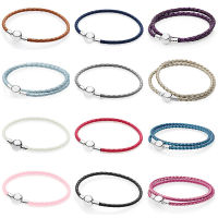 NEW Fashion 925 Sterling Silver Multicolor Mixed Powder Blue Women Double-Leather Bracelet Fit Charm DIY Original Round Bead