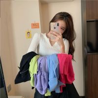 ۞㍿❅ 621177autumn Candy Color Slim-Fit POLO Knitted Bottoming Shirt Women Outer Wear Slimmer Look V-Neck Top Fashionable