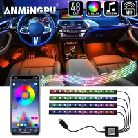 ANMINGPU ไฟเท้าภายในรถยนต์นีออนพร้อม USB ไร้สายรีโมตเพลงควบคุม RGB ไฟตกแต่งบรรยากาศ48 LED