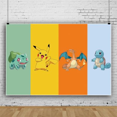 【LZ】┋▬❀  Fundo de festa Pokémon para crianças Foto de fundo personalizada Pikachu dos desenhos animados Decoração de festa de aniversário Fundo de vinil Adereços de estúdio