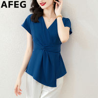 เสื้อผู้หญิงแขนสั้นผ้าซาตินคอวีแฟชั่นสไตล์เกาหลีสีทึบ AFEG