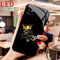 【 AN boutique 】  King Crown LED Luminous Call Light Flash Glass เคสโทรศัพท์สำหรับ IPhone 13 12 11 Pro Max XS Max 8Plus 7Plus Cover