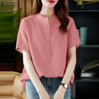 ZANZEA Women Vintage Commute Mock Neck Shirt Business Leisure Cotton Baggy Short Sleeved Tops #11